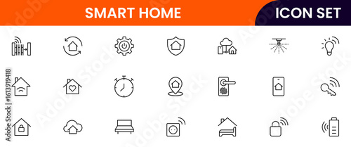 Smart home vector line icons featuring thermostats, motion detectors, cameras, alarms, automation, lighting, temperature control, connectivity, and energy efficiency.