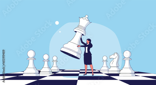 Businesswoman dominating the chessboard strategically making winning moves with the queen piece