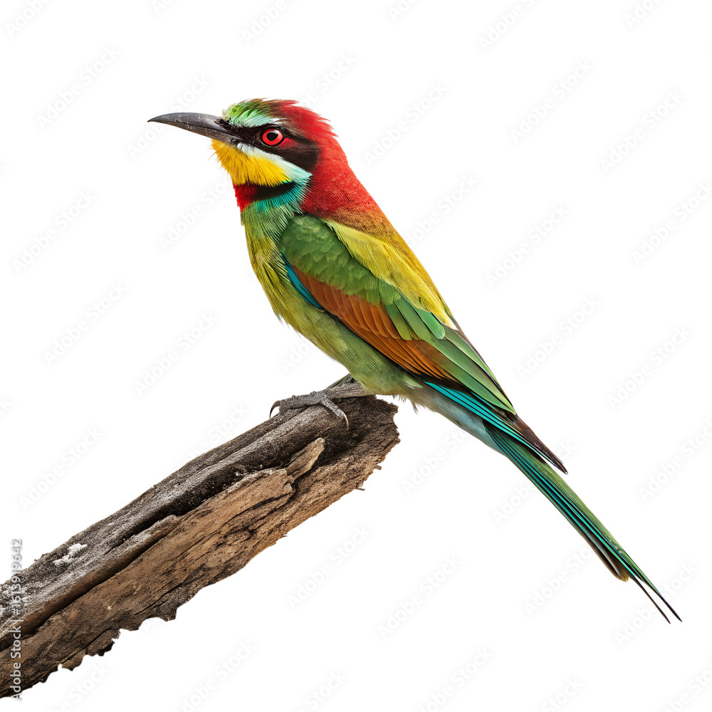 Obraz premium A colorful bird perched on a branch. The bird has vibrant green, red, and yellow feathers. The background is black, highlighting the bird's vivid colors.