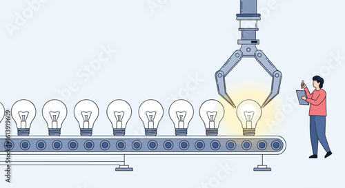 Robotic arm assembly line placing light bulbs on conveyor belt for innovation ideas generation process
