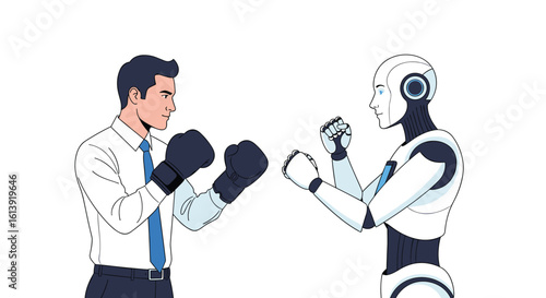 Human versus advanced artificial intelligence robot in a boxing match illustrating future work competition