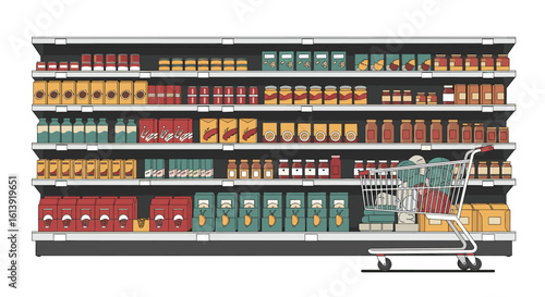 Grocery store aisle displaying various food products in packaging with a shopping cart in the foreground