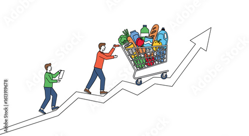 Illustrating the ascending journey of consumer spending through essential goods and shopping cart progression