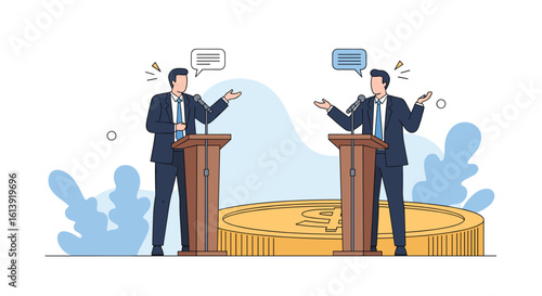 Two businessmen engaged in a heated debate at podiums on a golden circular stage with stylized blue cloud shapes in the background.