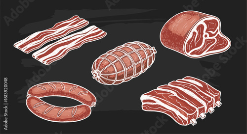 A collection of delicious fresh meats including ribs sausage bacon roasts and cured meats for your culinary delights