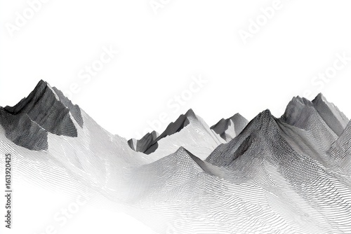 Abstract grayscale mountain range, rendered with fine lines against a white background