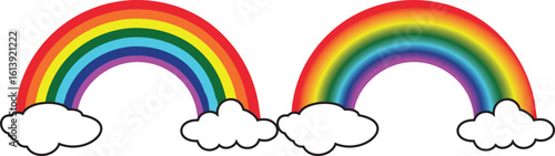 Colorful cartoon rainbow with fluffy white clouds, isolated on a white background. Cute bright rainbow illustration for kids, nursery designs, weather themes, and cheerful graphics.