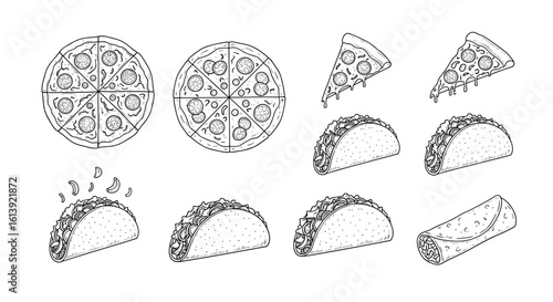 Delicious mexican food selection with tacos and slices of pizza for enjoying a fantastic meal together