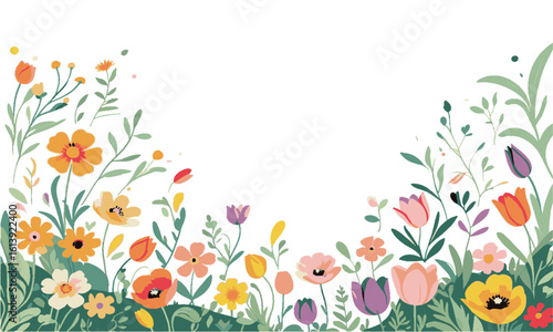 Modern vector illustration of a vibrant botanical border featuring various hand-drawn spring and summer flowers, full bloom (daisies, poppies, tulips, and more), leafy green plants, easily editable.
