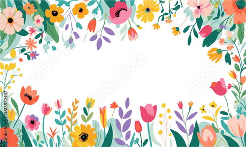 Modern vector illustration of a vibrant botanical border featuring various hand-drawn spring and summer flowers, full bloom (daisies, poppies, tulips, and more), leafy green plants, easily editable.