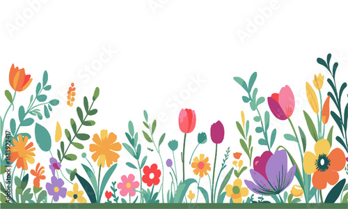 Modern vector illustration of a vibrant botanical border featuring various hand-drawn spring and summer flowers, full bloom (daisies, poppies, tulips, and more), leafy green plants, easily editable.
