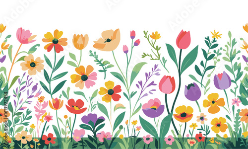 Modern vector illustration of a vibrant botanical border featuring various hand-drawn spring and summer flowers, full bloom (daisies, poppies, tulips, and more), leafy green plants, easily editable.