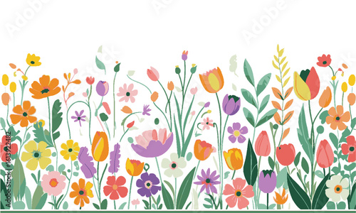 Modern vector illustration of a vibrant botanical border featuring various hand-drawn spring and summer flowers, full bloom (daisies, poppies, tulips, and more), leafy green plants, easily editable.
