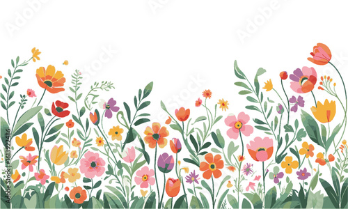 Modern vector illustration of a vibrant botanical border featuring various hand-drawn spring and summer flowers, full bloom (daisies, poppies, tulips, and more), leafy green plants, easily editable.