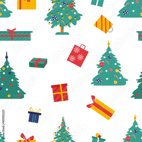 Christmas seamless pattern with gifts and xmas tree with decorations and toys. New Year festive print template, celebrating design, vector background