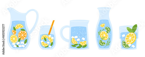 Glass jar, bottle and glasses with cold water with lemon and lime slices. Drink more clean water. Refreshing healthy drink for morning, vector set