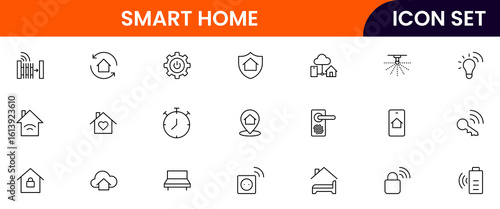 Smart home vector line icons featuring thermostats, motion detectors, cameras, alarms, automation, lighting, temperature control, connectivity, and energy efficiency.