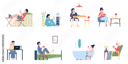 Leisure time with drinks. Old and young people drinking at home and outside, in garden, in bed or bathtub. Day evening rest and relaxation, recent vector scenes