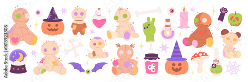 Cartoon witch tools. Creepy voodoo dolls, funky halloween elements. Isolated eyes in jar, zombie hand on bone, potions, pumpkin in hat, racy vector clipart