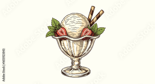Deliciously creamy vanilla ice cream sundae topped with fresh strawberries chocolate sauce and a wafer cookie