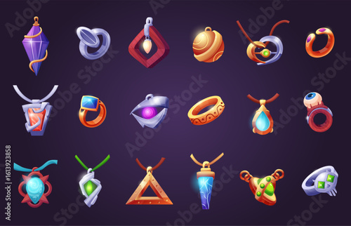 Game golden rings. Gaming jewelry, necklace ring pendants. Gold silver accessories for wizard, magic characters, witch. Fantasy crystal, nowaday vector set
