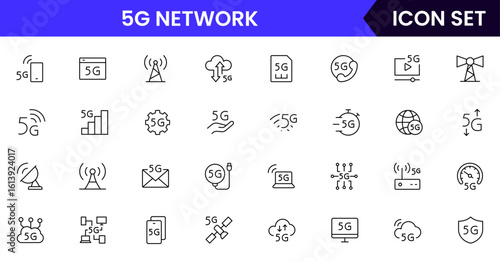 5G network vector line icons featuring signal towers, high-speed data, connectivity, smartphones, wireless technology, internet access, coverage, and modern communication.