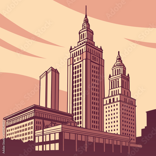 Illustration of tall buildings and skyscrapers against a cloudy sky in a city setting at dusk time