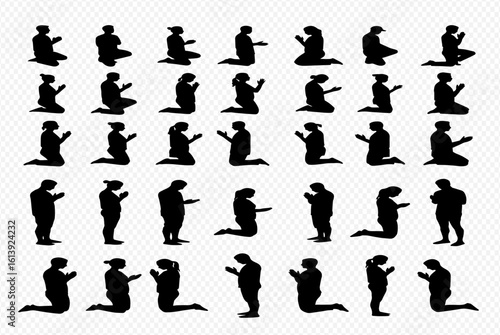Collection of diverse people kneeling in prayer, depicted as black silhouettes.