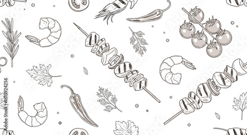 Hand drawn sketch style delicacies featuring delicious seafood and fresh produce on a clean white background
