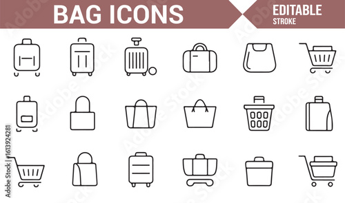 Icon Collection for Luggage, Bags, and Travel Accessories in Minimalist Style

