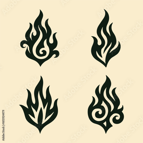 Vector set of hot fire flames with tribal and floral design elements, perfect for tattoos or decorative art illustrations