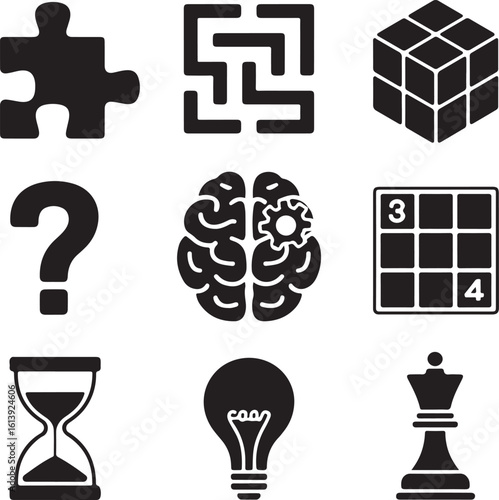Puzzle and Logic Game Icons – Bold Silhouette Set for Brain Teasers