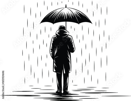 A solitary figure stands under an umbrella in the rain, rendered in a striking black and white sketch style, evoking feelings of solitude and introspection with its minimalist design.