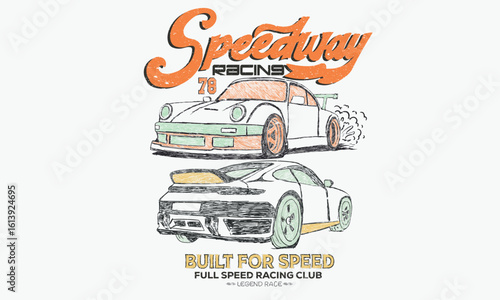 Car print design for t shirt print, poster, sticker, background and other uses. Speedway artwork. Speed community club. Legend race. Road speed graphic print.