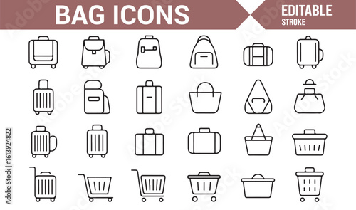Collection of Luggage, Backpack, and Shopping Bag Icons for Graphic and Digital Use