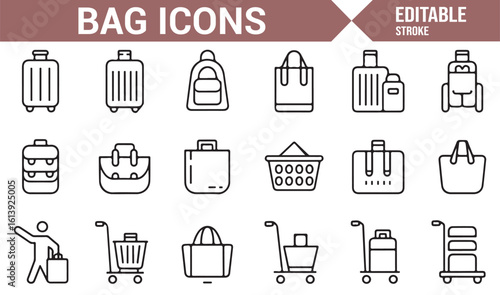 Set of Bag Icons for Luggage, Backpacks, and Shopping Bags