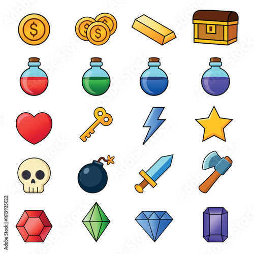 Set of colorful game icons: coins, potions, weapons, hearts, keys, gems, and power-ups. Perfect for mobile games, RPG, adventure, fantasy or casual game UI design in cartoon style