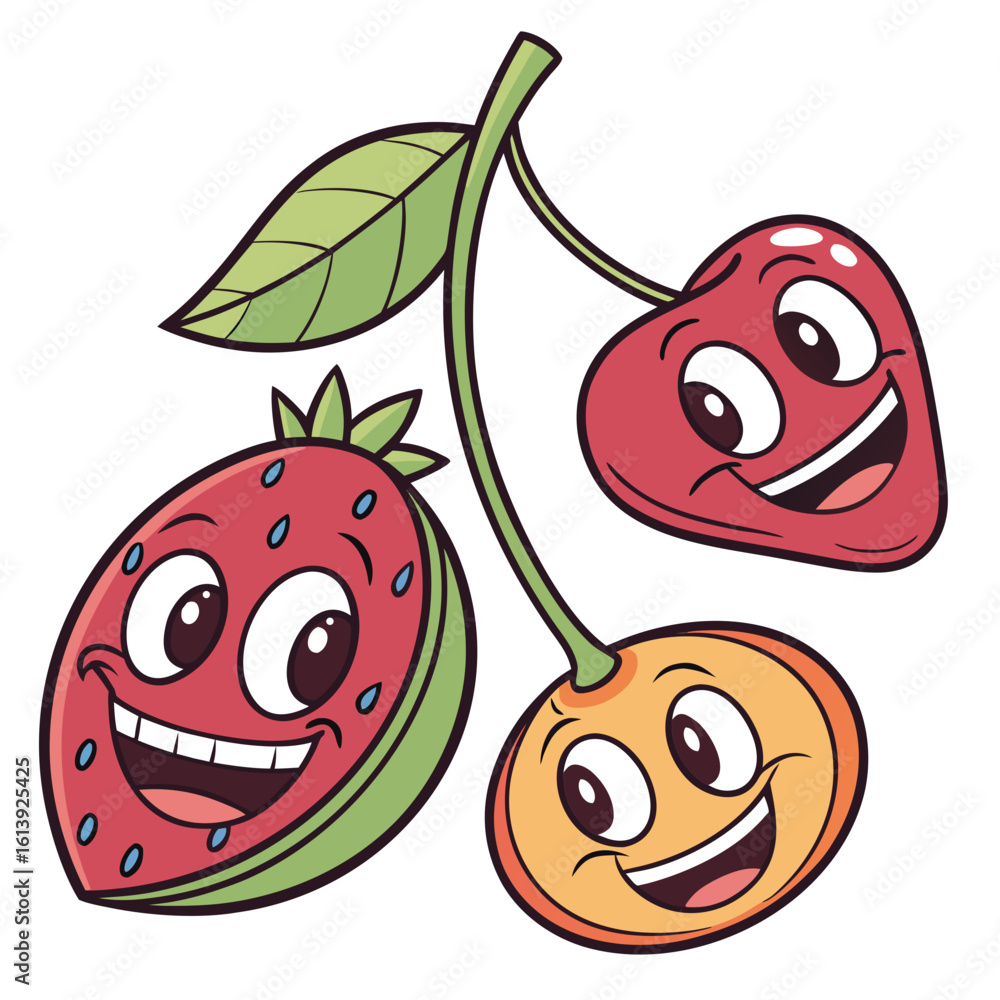 Obraz premium Cartoon fruits with happy faces including a strawberry and two cherries hanging from a stem with a leaf