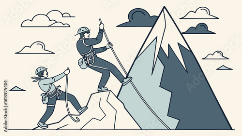Two climbers ascending a snow capped mountain with ropes and safety gear under a cloudy sky drawing
