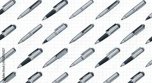 A detailed closeup view of a collection of modern silver and black ballpoint pens