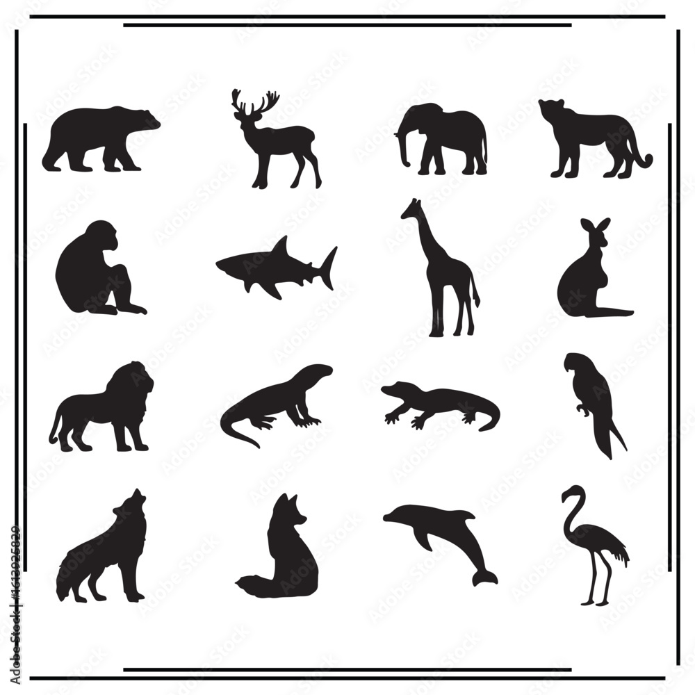 Fototapeta premium Wild Animal Silhouettes - Bear, Lion, Elephant, Shark, Giraffe, Tiger, Dolphin, Monkey, Fox, Parrot - Vector Icons and Wildlife Designs