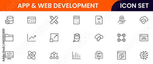 App and web development vector line icons featuring code, wireframes, interfaces, screens, UX/UI, testing, deployment, bugs, and digital tools.