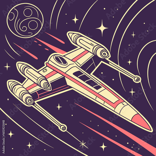 Stylized x wing fighter soars through a star filled space with a moon and comet trails behind it