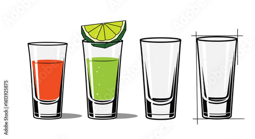 Four tall shot glasses one filled with red liquid another with green and lime garnish two empty glassware for drinking