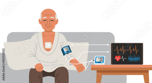 An old man monitoring his health with modern telehealth technology at home with ease