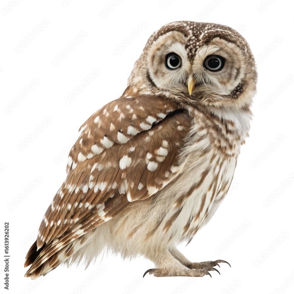 Naklejka premium A beautiful tawny owl stands majestically, its brown and white feathers creating a striking contrast against the transparent background
