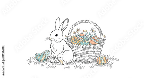 Charming easter bunny with colorful eggs in a woven basket surrounded by spring grass and flowers