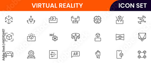 AR and VR vector line icons featuring headsets, 3D visuals, immersive experiences, controllers, simulations, digital environments, interaction, and virtual technology.
