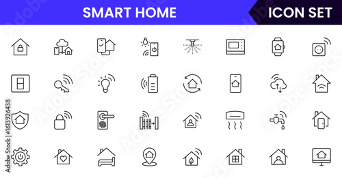 Smart home vector line icons featuring thermostats, motion detectors, cameras, alarms, automation, lighting, temperature control, connectivity, and energy efficiency.