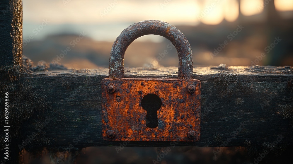 Rusty padlock on weathered wooden fence Rusty padlock on weathered wooden fence